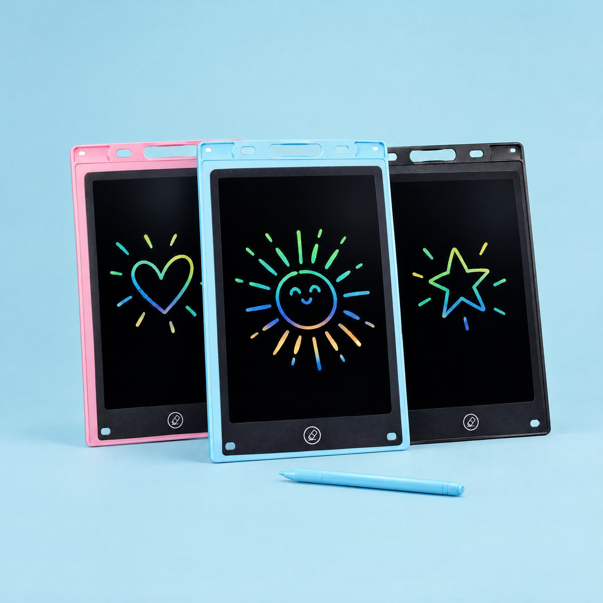 Kiddio LCD Drawing Tablet in blue, pink and black