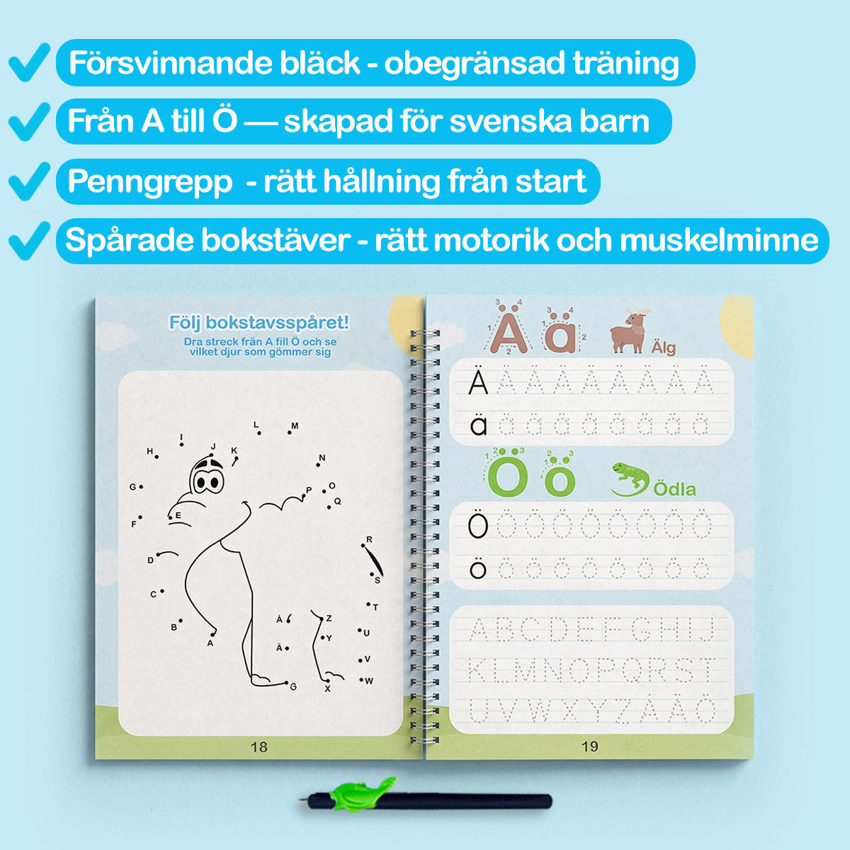 A spread from the Alphabet book with four benefits listed above