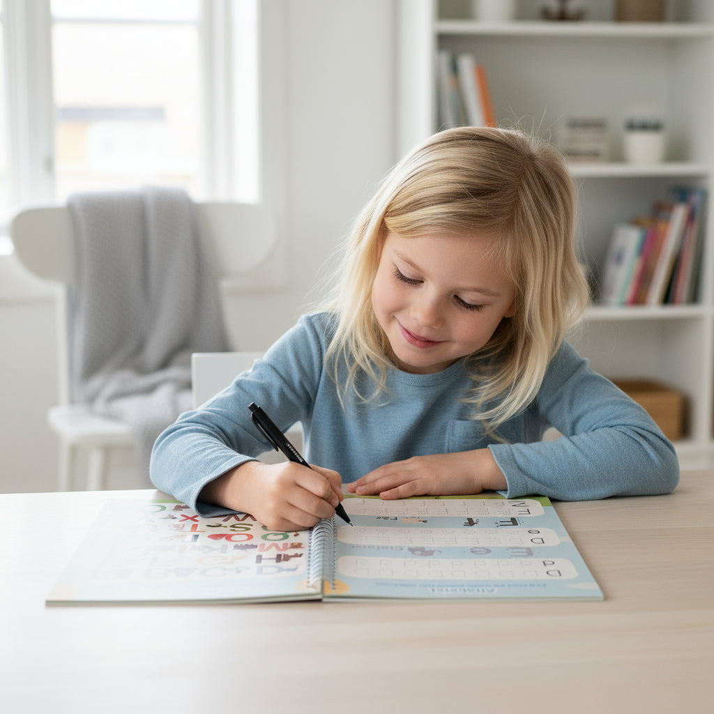 Girl writing in the workbook at a desk