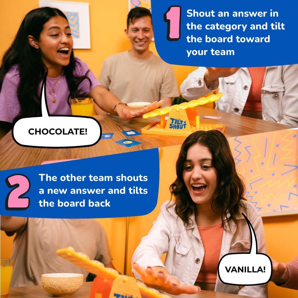 Tilt n shout steps 1 and 2: shout an answer and tilt the board toward your team
