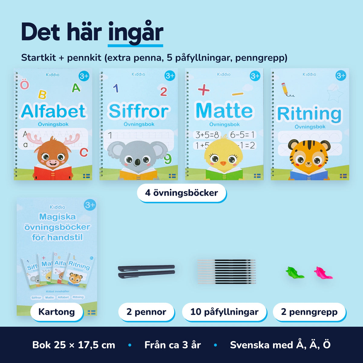 Det här ingår: 4 övningsböcker, kartong, 2 pennor, 10 påfyllningar och 2 penngrepp