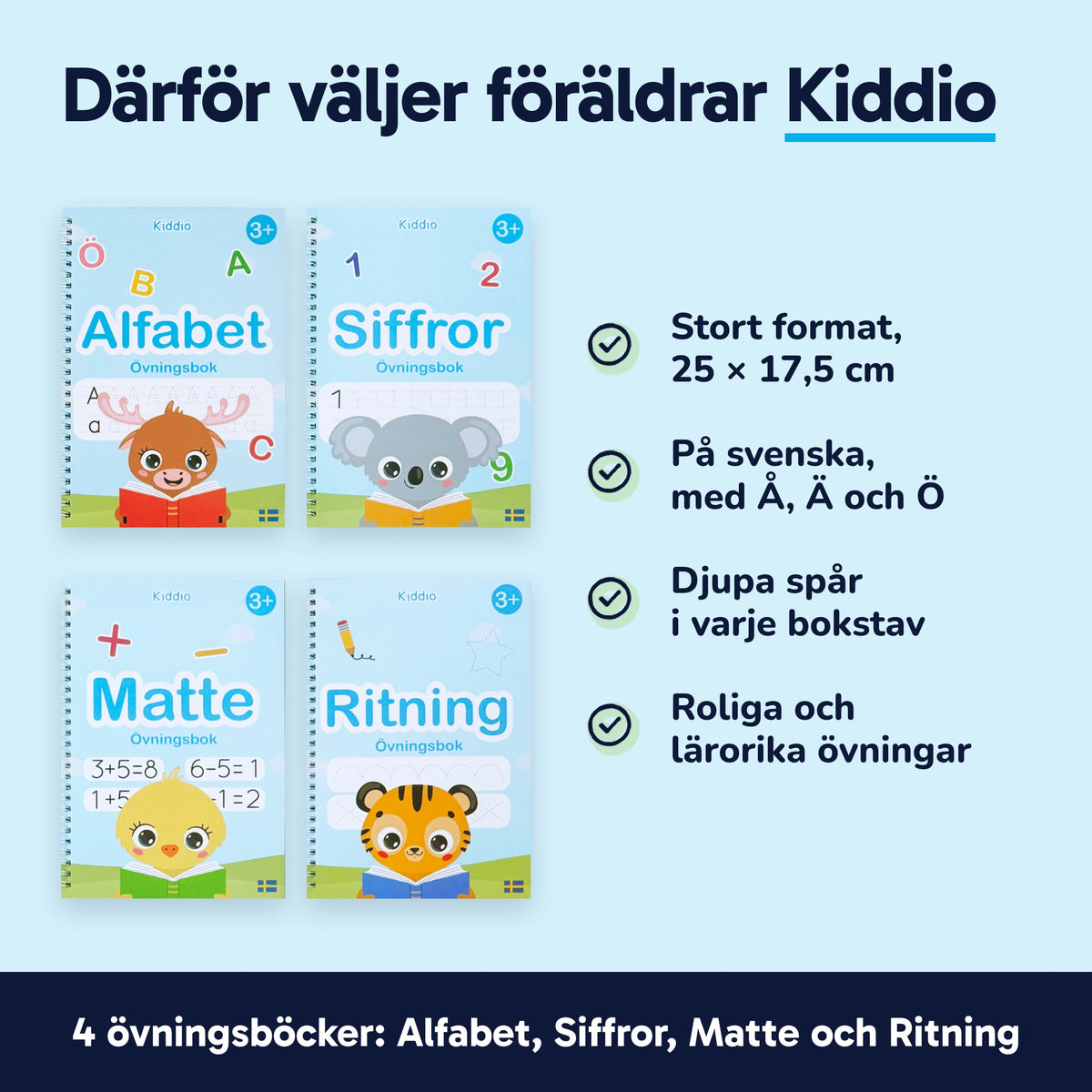 Därför väljer föräldrar Kiddio: stort format, svenska med Å, Ä och Ö, djupa spår, roliga övningar