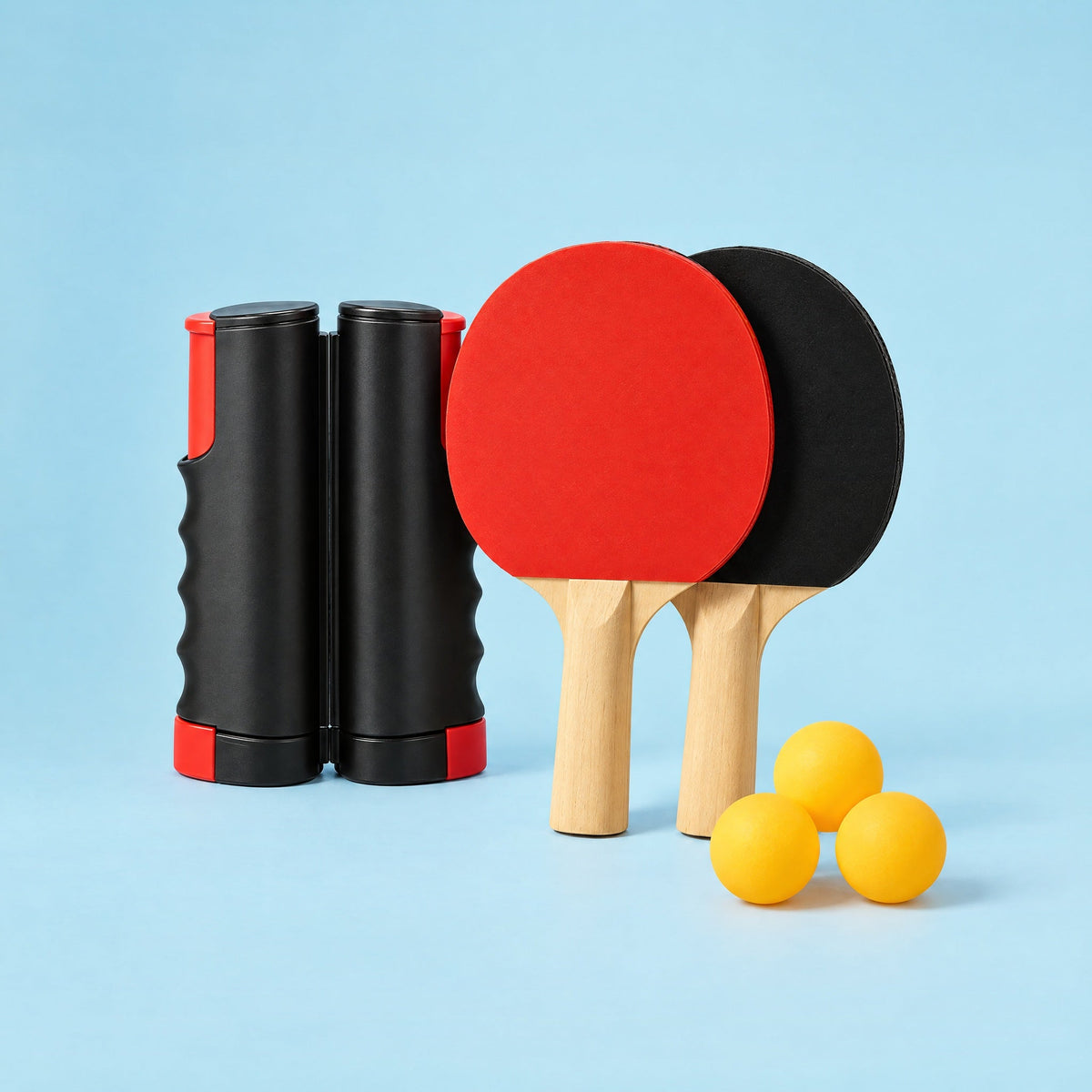 Portable Ping-Pong Set: the net's two holders, two paddles and balls on a light blue background