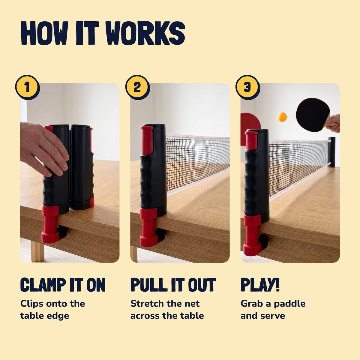 How it works: clamp the holder onto the table edge, pull the net across the table and play