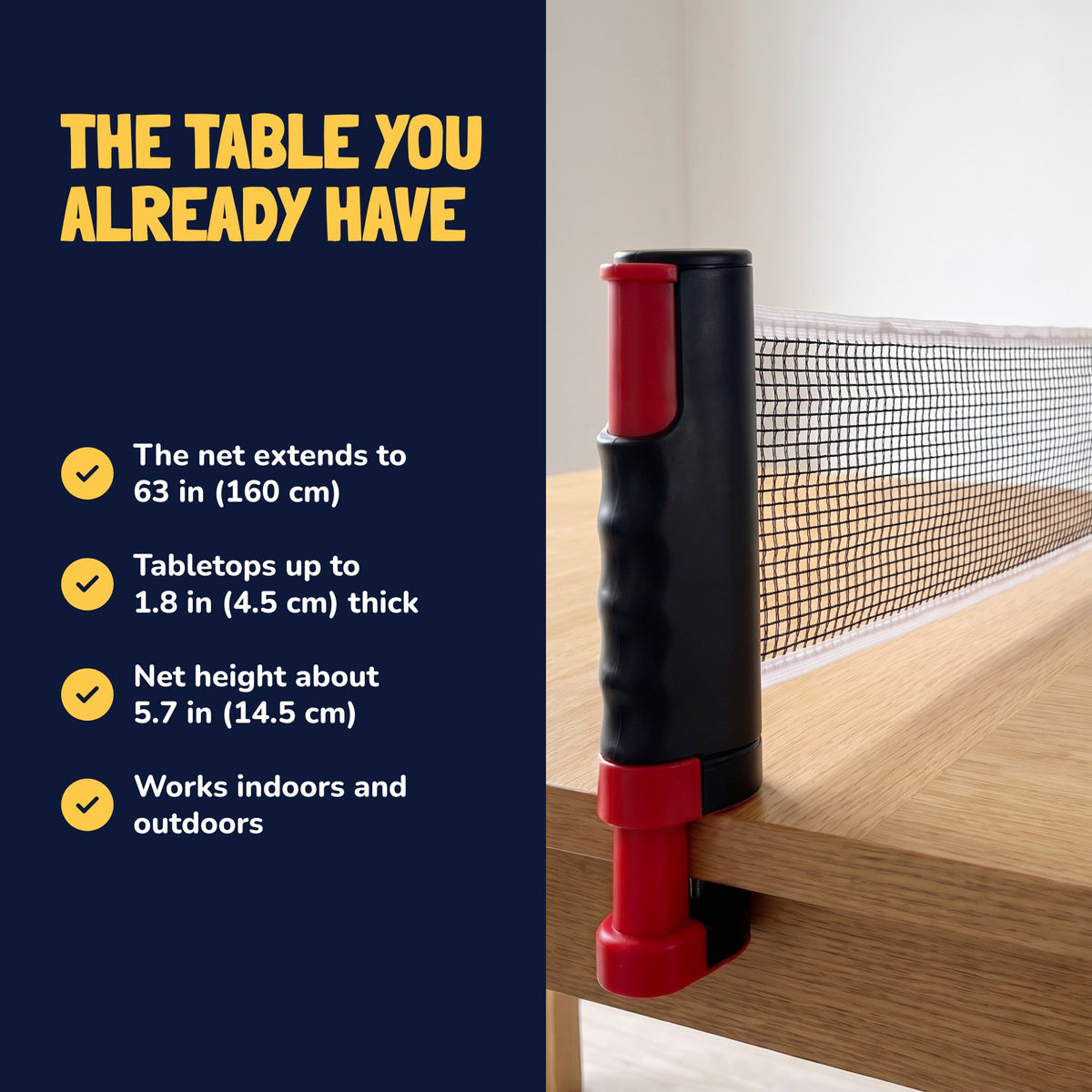 The ping-pong net clamped to the table edge. The net extends to 63 in (160 cm), fits tabletops up to 1.8 in (4.5 cm) thick, net height about 5.7 in (14.5 cm)