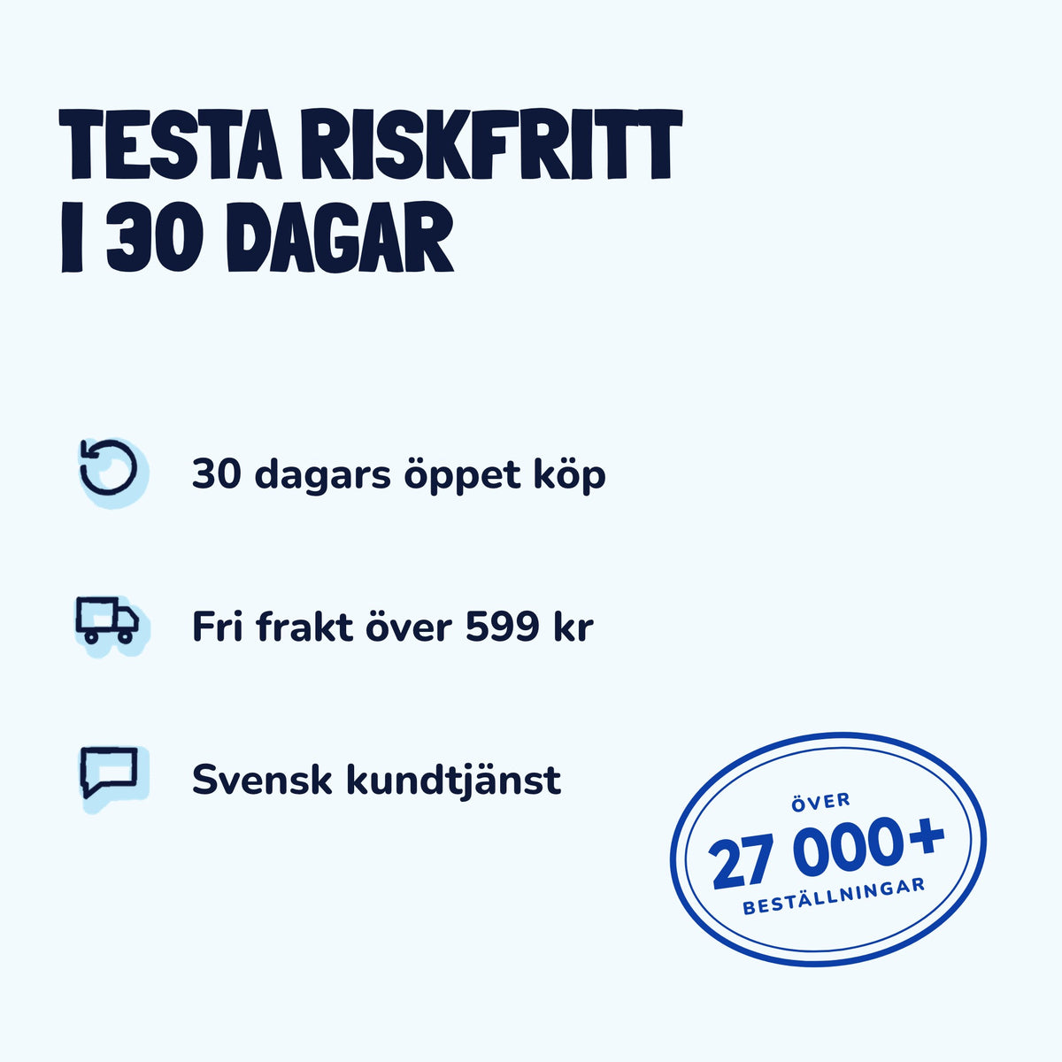 Testa riskfritt i 30 dagar: 30 dagars öppet köp, fri frakt över 599 kr och svensk kundtjänst. Över 27 000 beställningar