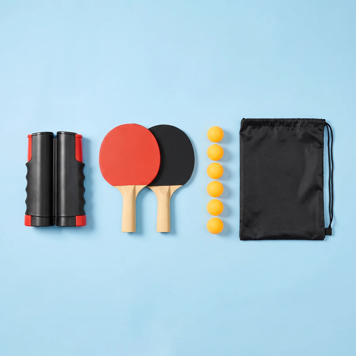 Ping-pong net with two holders, two paddles, six balls and a storage bag