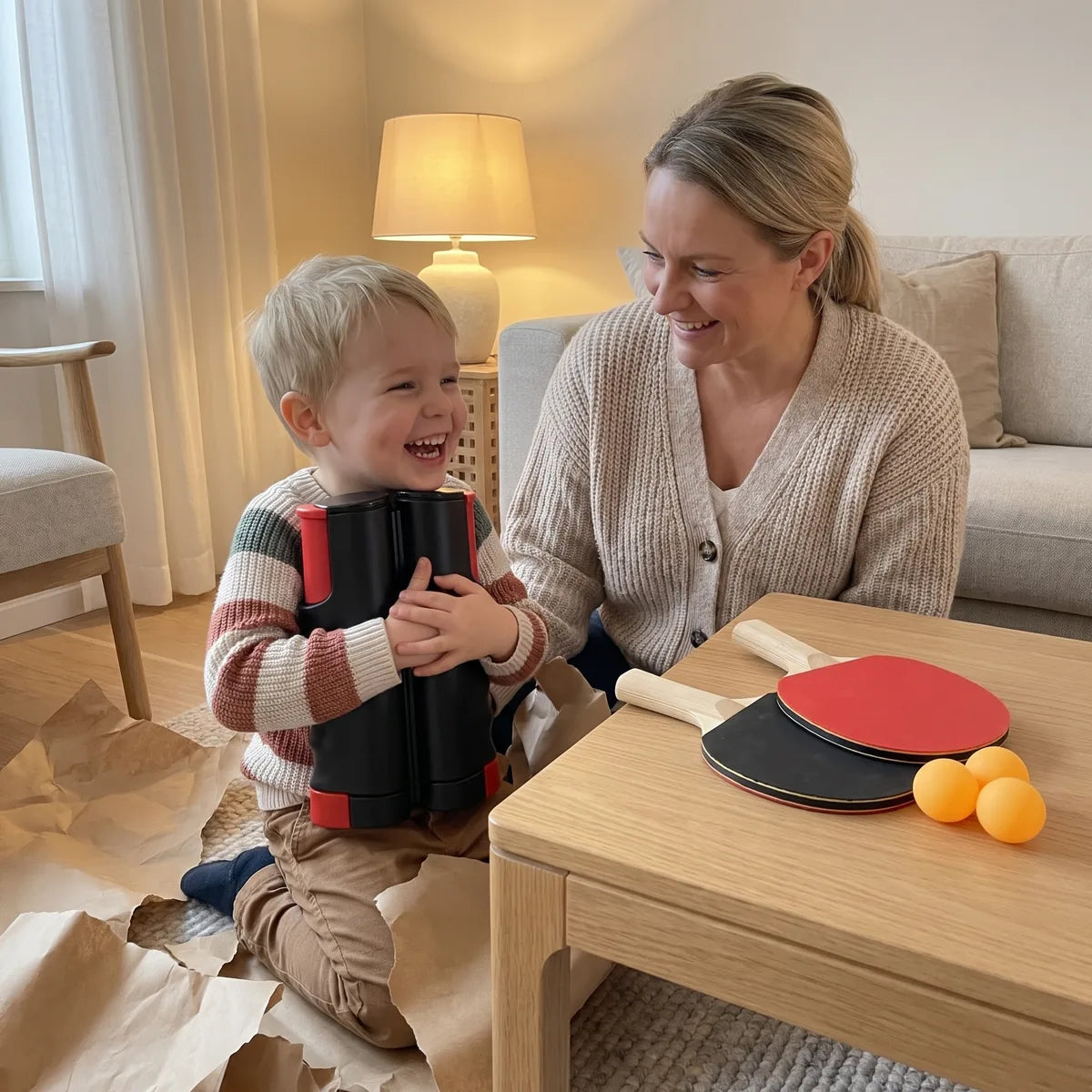 Boy hugs the ping-pong set among wrapping paper, mom smiling next to him