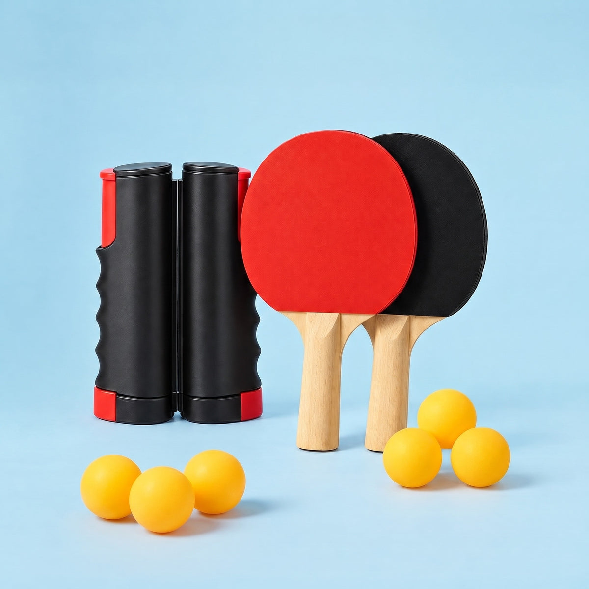 Portable Ping-Pong Set with three extra balls in front, six balls in total