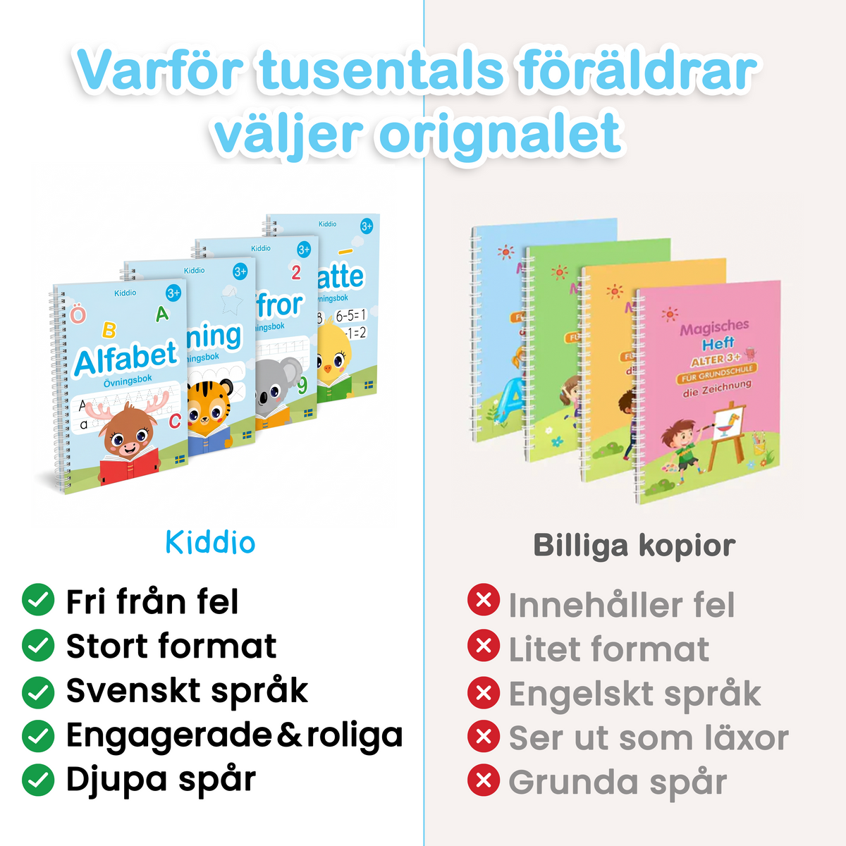 Image comparing Kiddio's workbooks with cheap copies