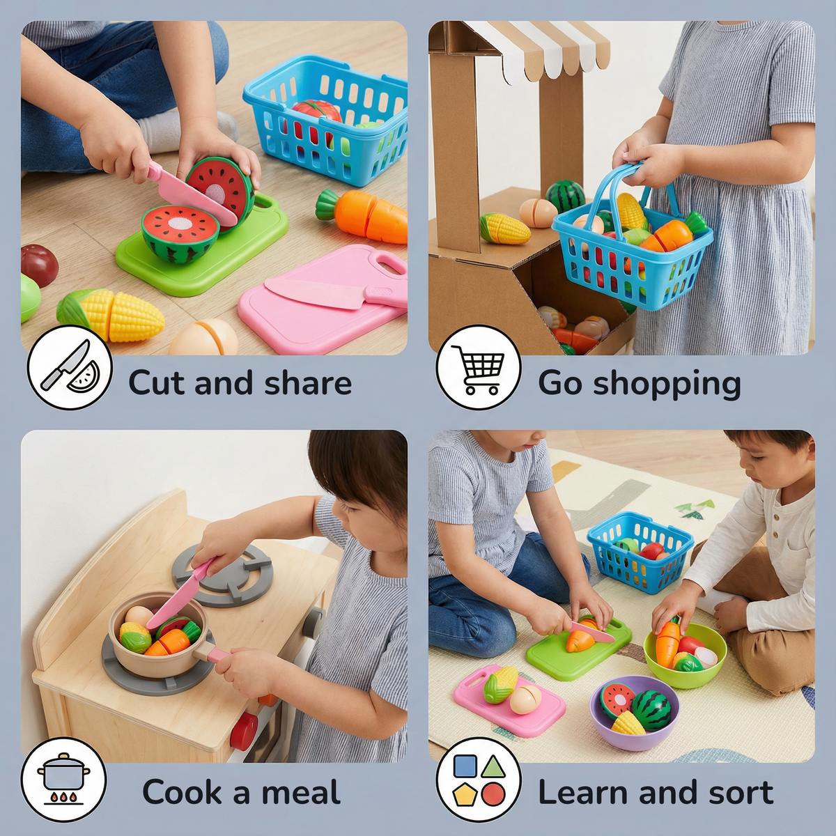 Kitchen play set: cut and share, go shopping, cook a meal, learn and sort
