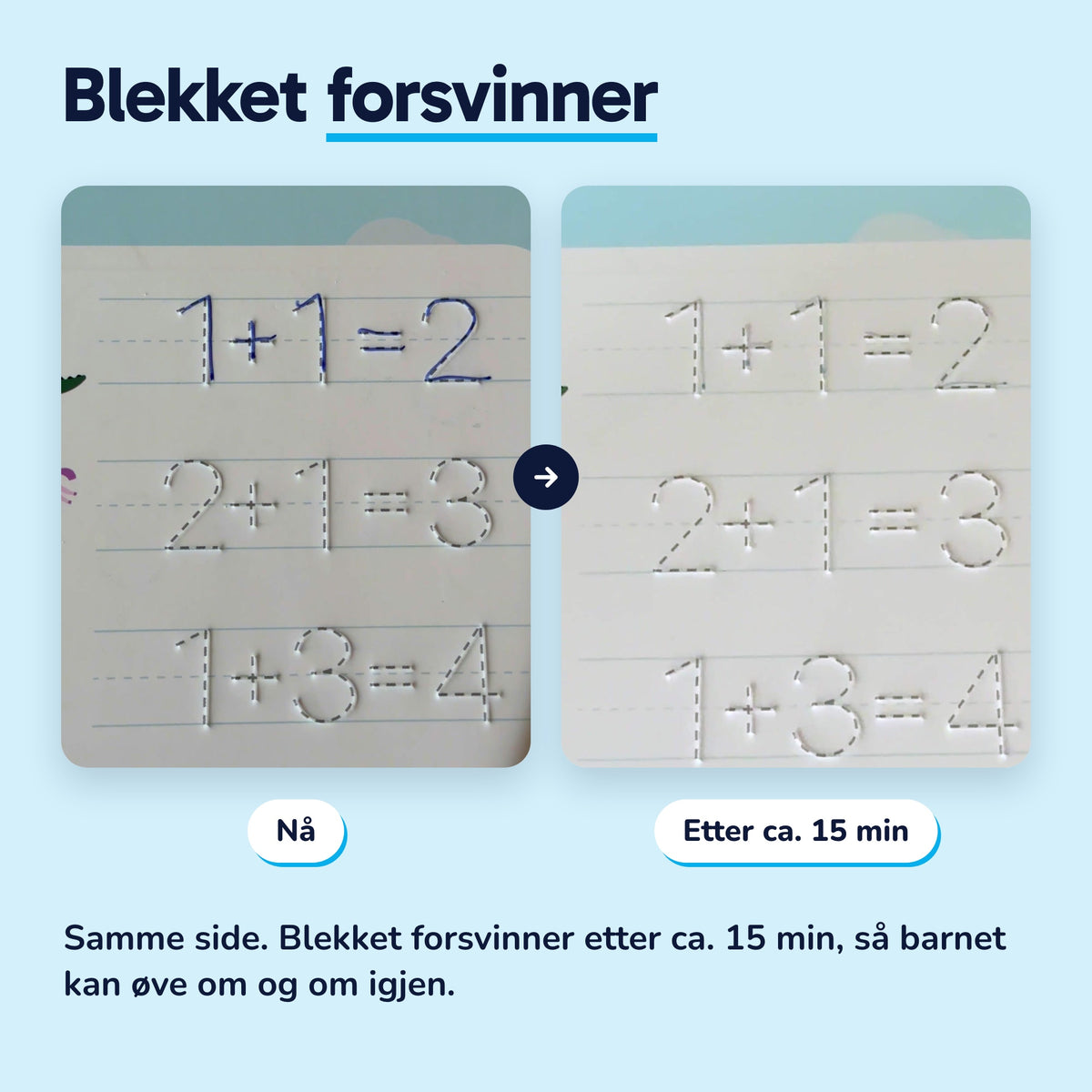 Blekket forsvinner: samme side nå og etter ca. 15 minutter