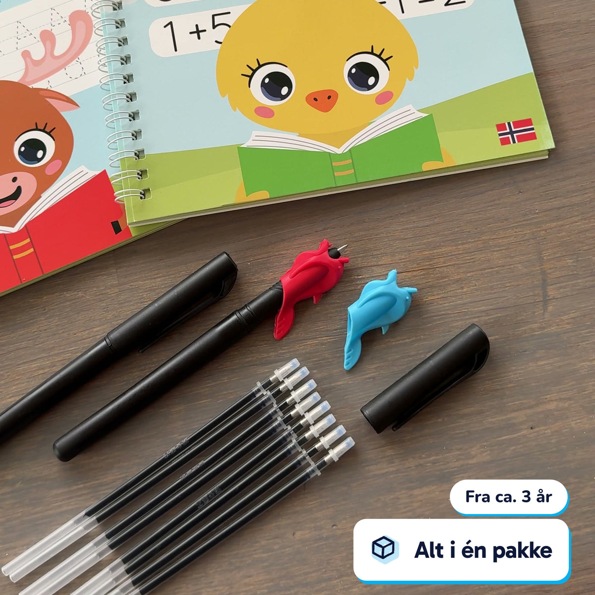 Alt i én pakke: bøker, penner, blekkpatroner og pennegrep på bordet