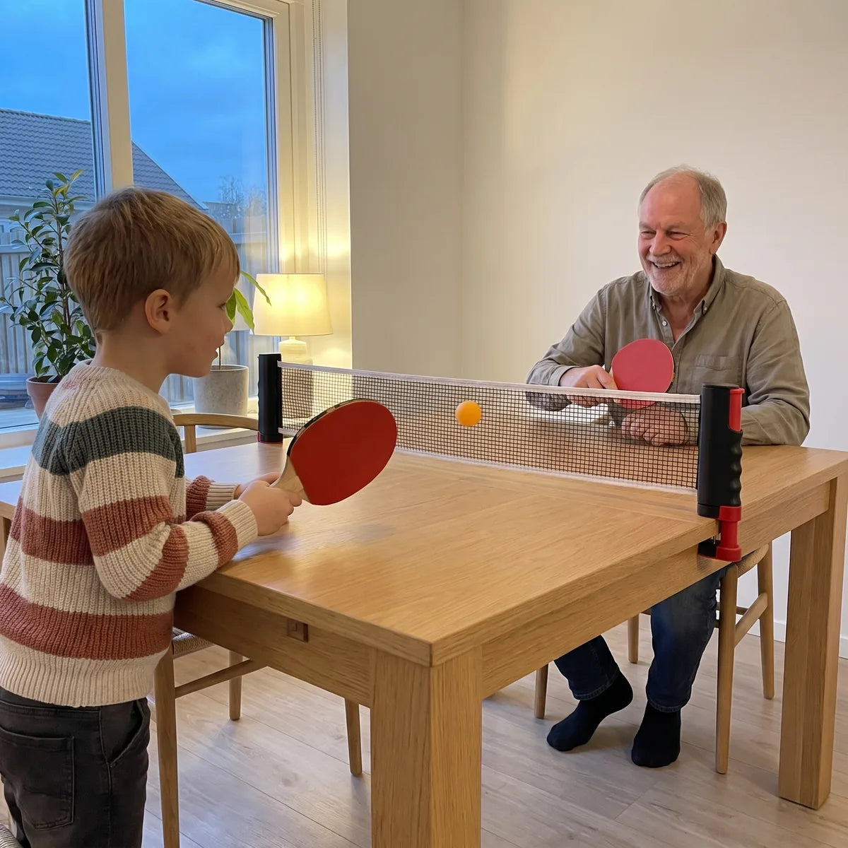 Boy and grandpa play ping-pong over the dining table