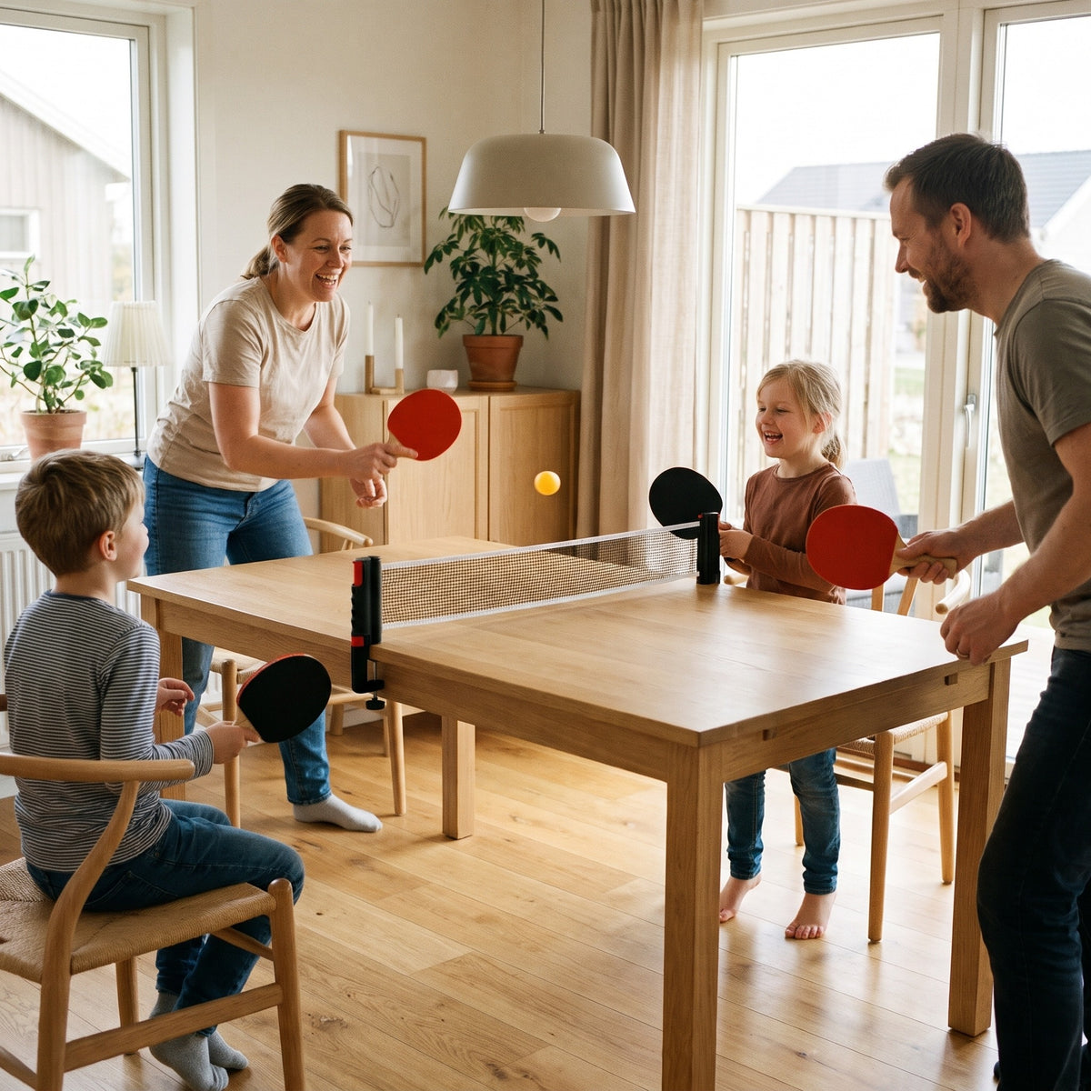 Familj spelar dubbel vid matbordet med fyra rack och pingisnätet