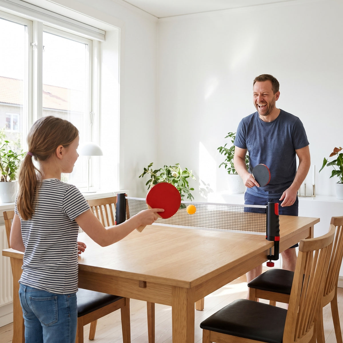 Flicka och pappa spelar pingis över nätet på matbordet